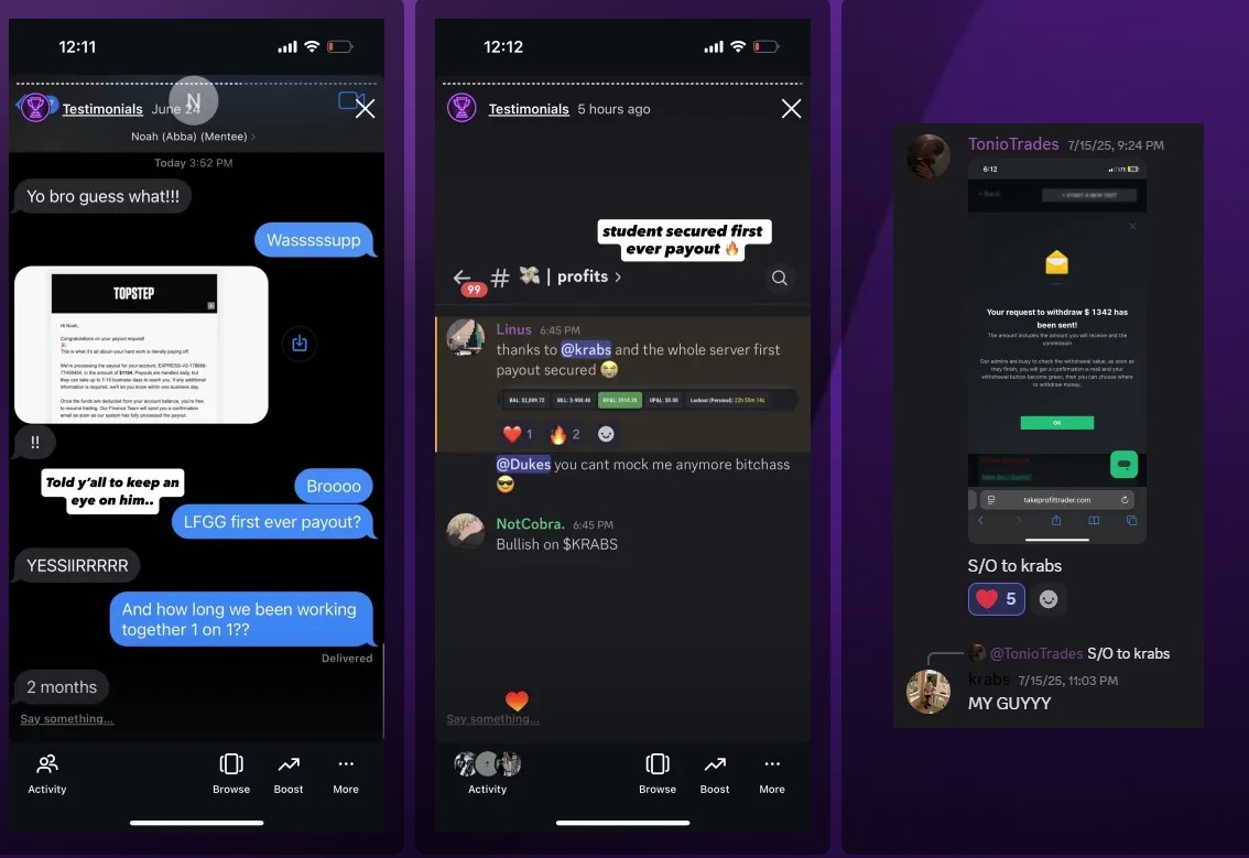 First payouts landing — students sharing wins in real time.