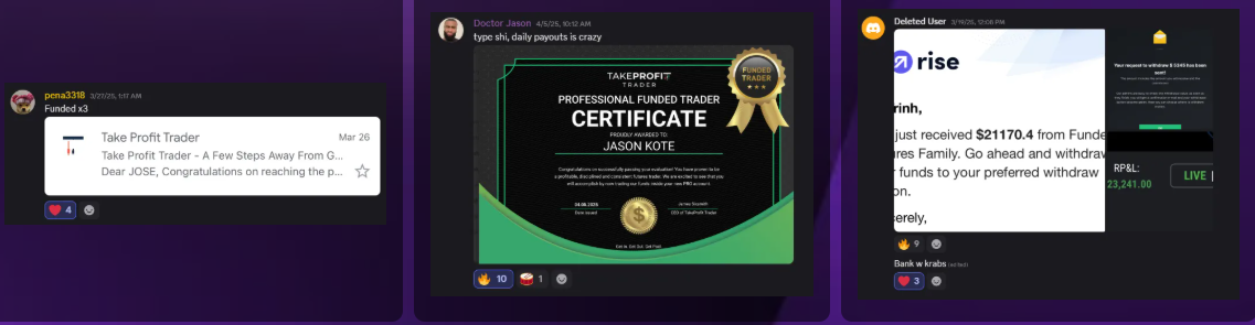 Funded certificates and payout confirmations from the community.
