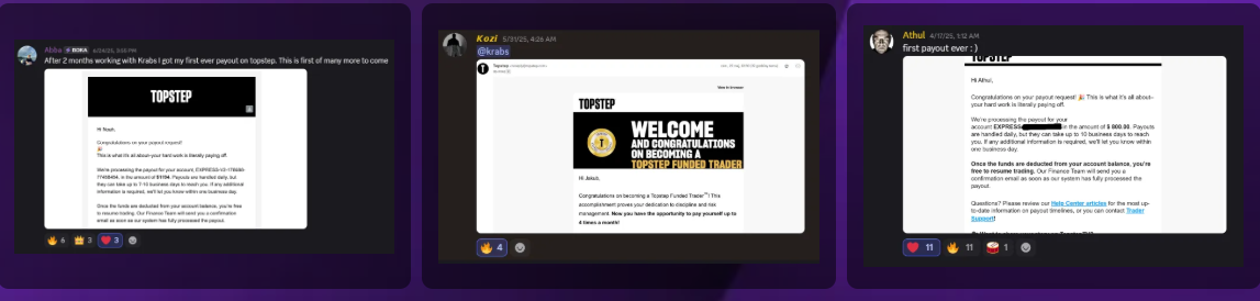 Topstep payout emails from students after joining.
